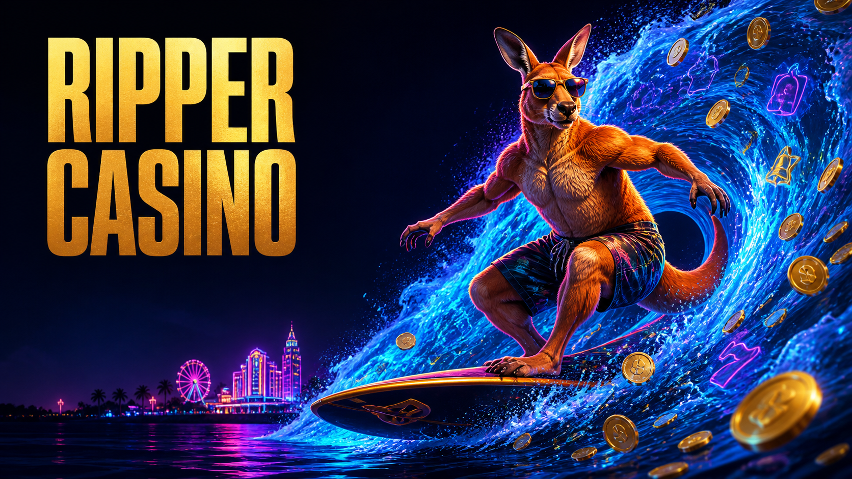 Ripper Casino kangaroo riding a neon wave